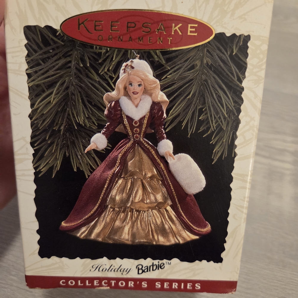 1996 Hallmark Keepsake Holiday Barbie Ornament - Burgundy and Gold